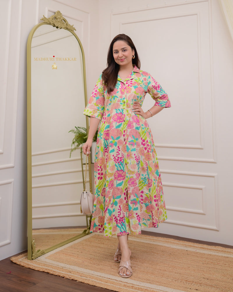 Ivory Multi Floral Cotton A Line Dress