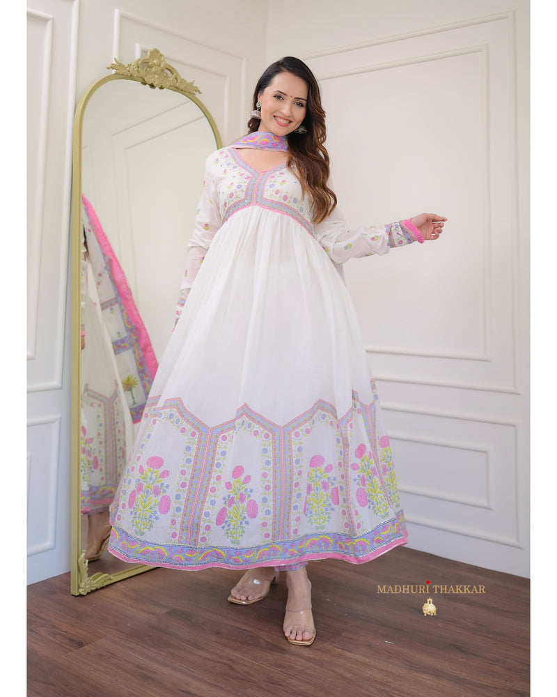 Pink-White Floral Mul Cotton Anarkali