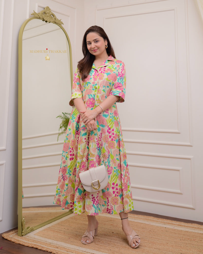 Ivory Multi Floral Cotton A Line Dress