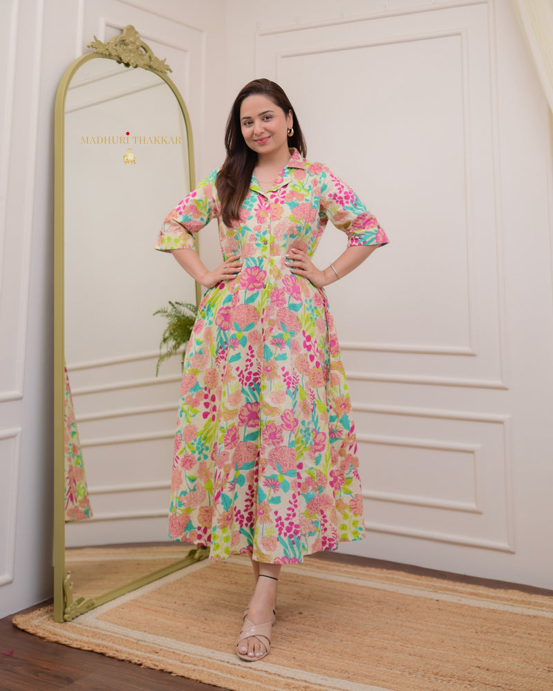 Ivory Multi Floral Cotton A Line Dress