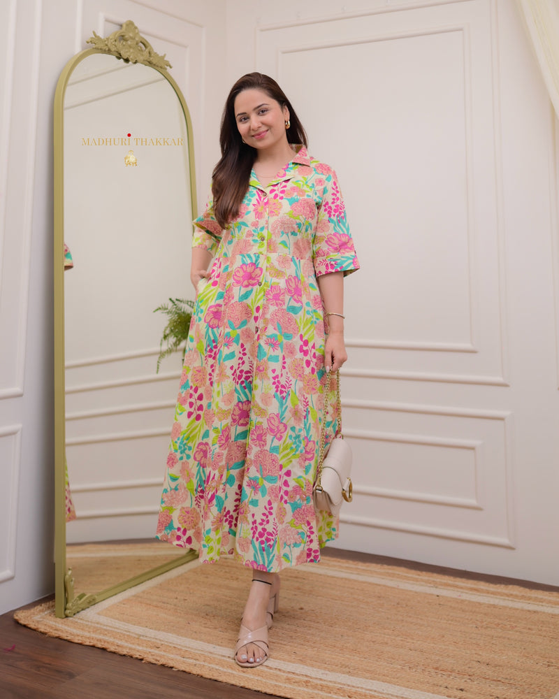 Ivory Multi Floral Cotton A Line Dress