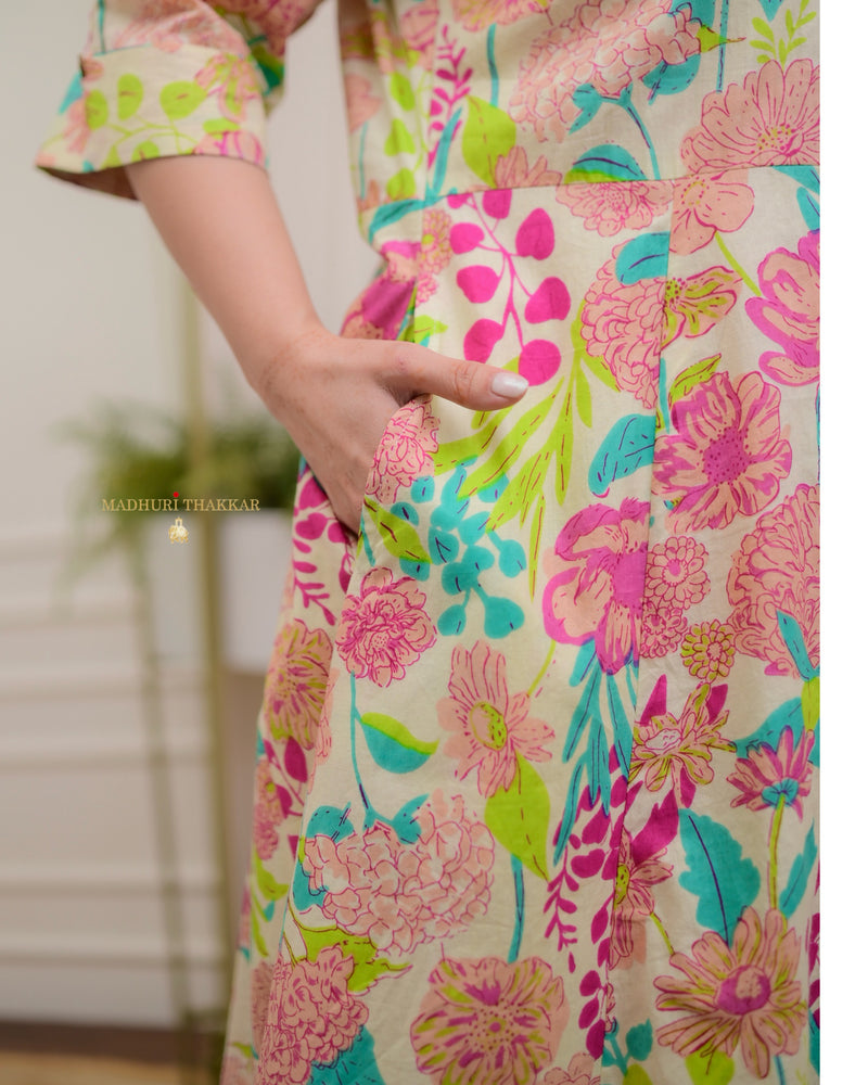 Ivory Multi Floral Cotton A Line Dress