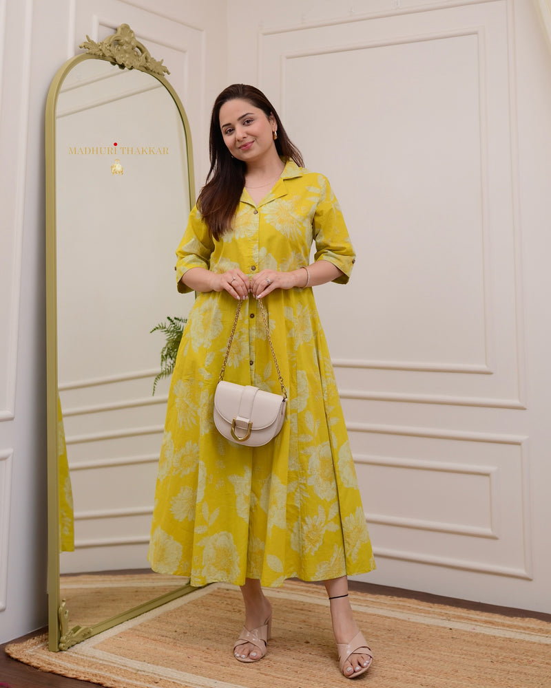 Mustard Yellow Floral Cotton A Line Dress