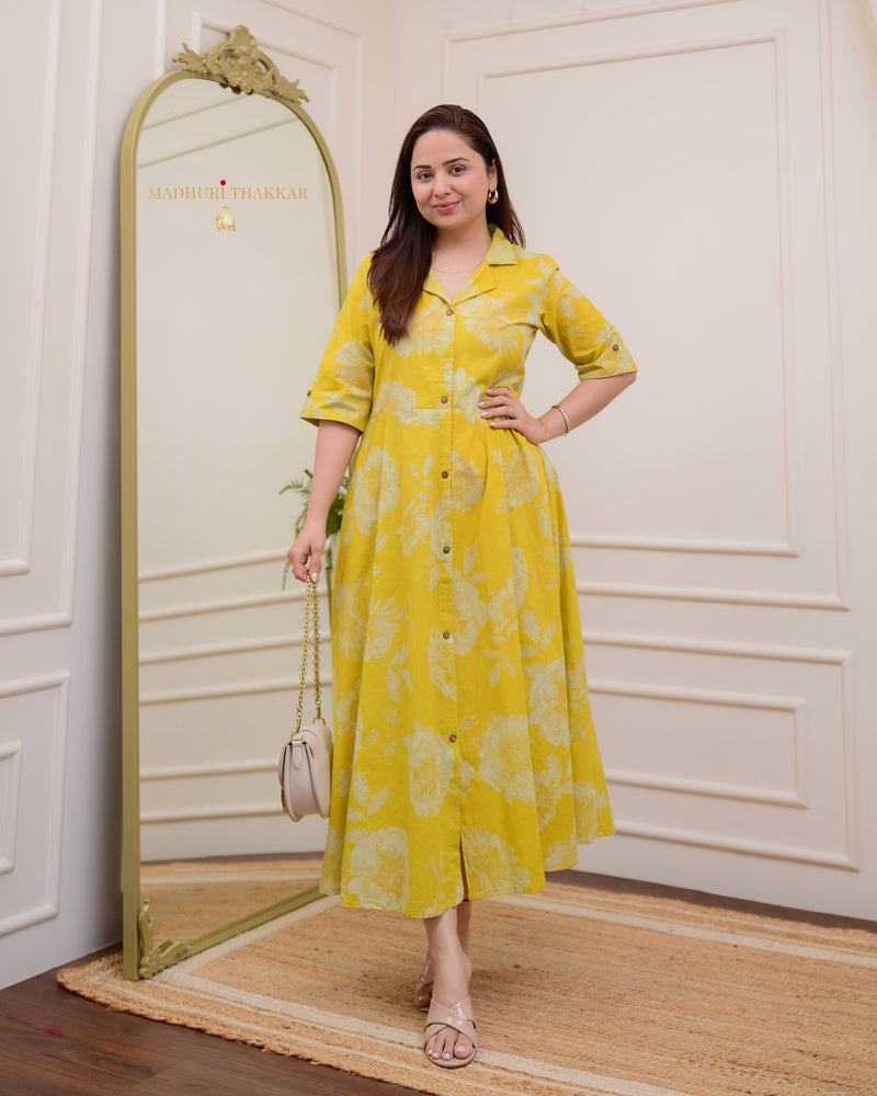 Mustard Yellow Floral Cotton A Line Dress