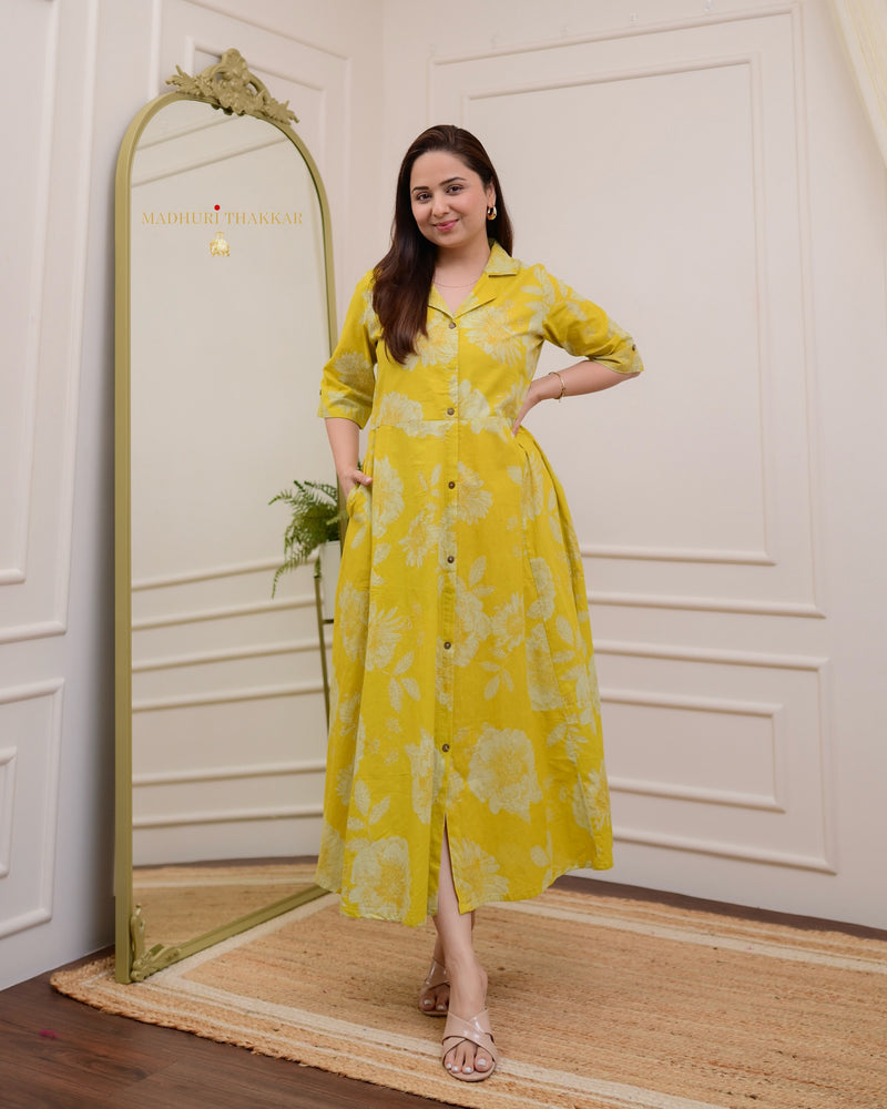 Mustard Yellow Floral Cotton A Line Dress