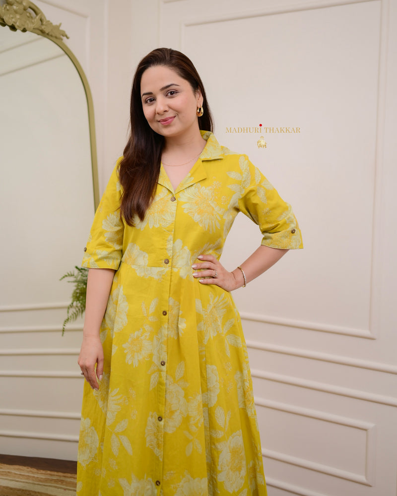 Mustard Yellow Floral Cotton A Line Dress