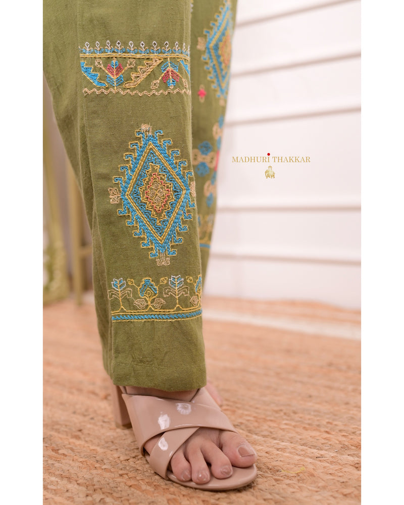 Olive Green Threadwork Cotton Co-ord