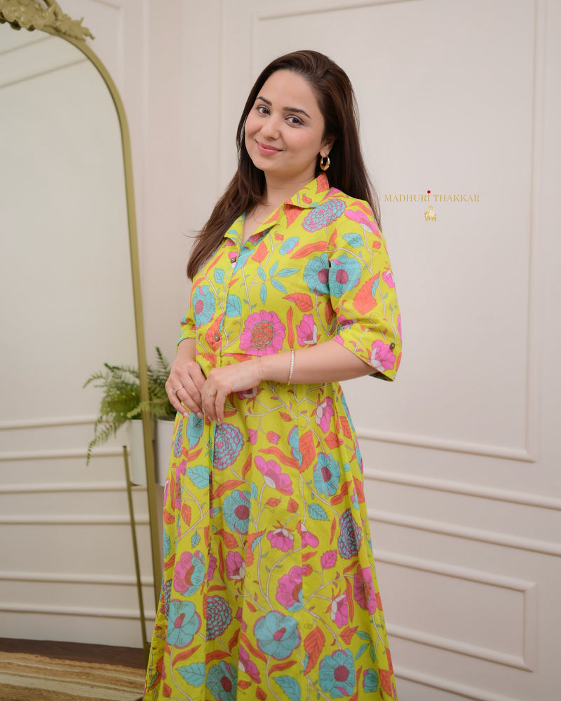 Lime Green Floral Cotton A Line Dress