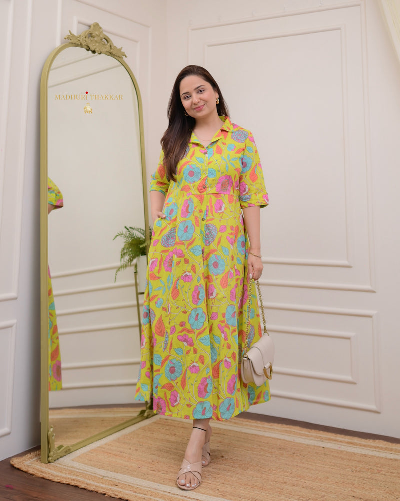 Lime Green Floral Cotton A Line Dress