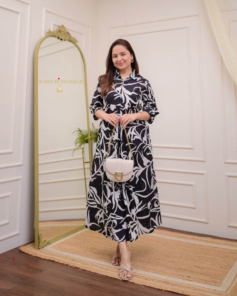 Black Free Hand A Line Cotton Dress