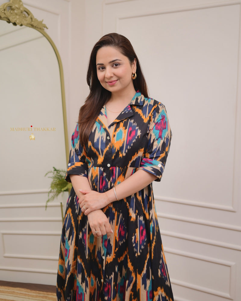 Black Multi Ikat Cotton A Line Dress