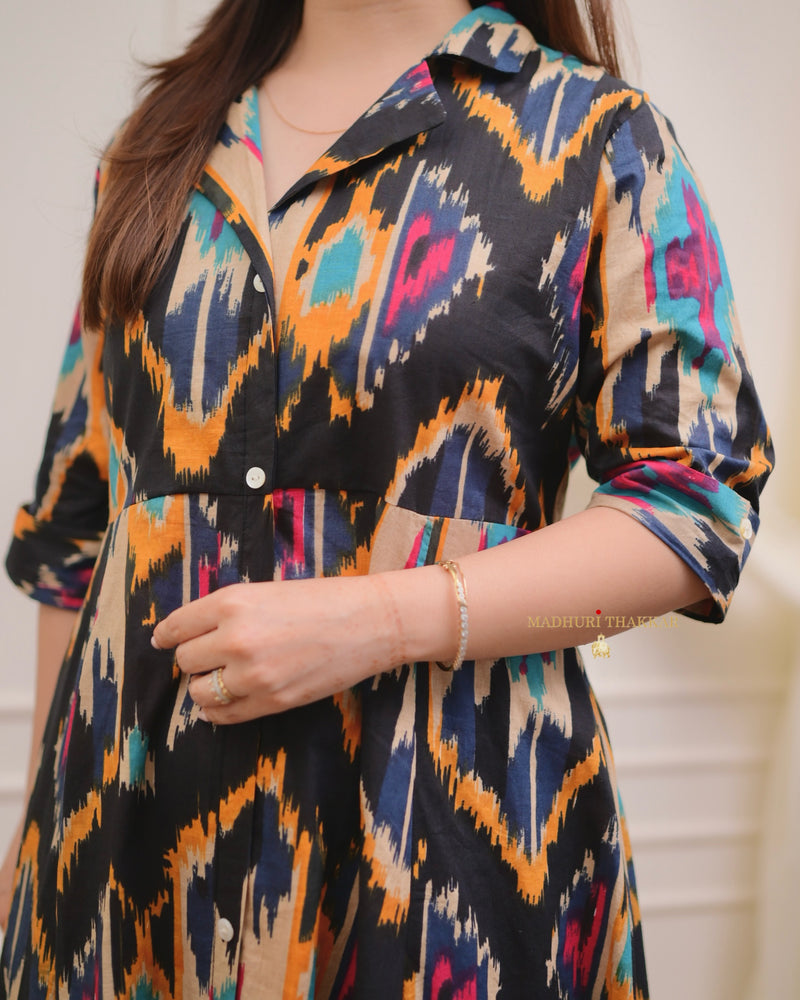 Black Multi Ikat Cotton A Line Dress
