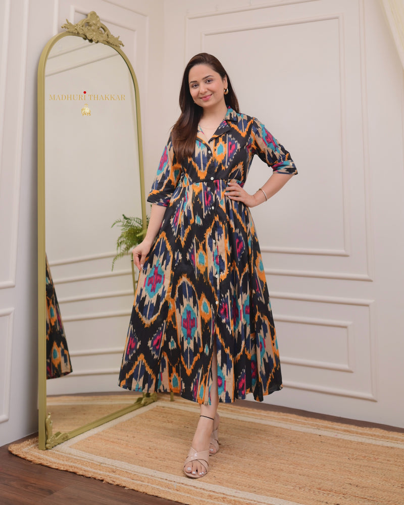 Black Multi Ikat Cotton A Line Dress