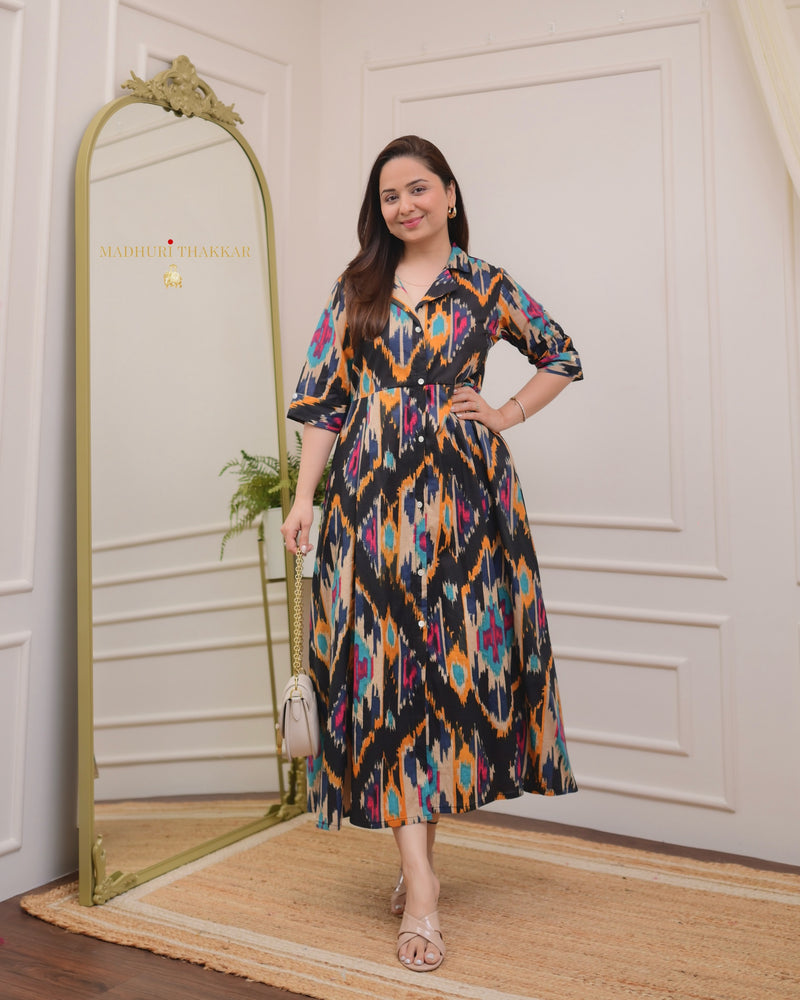 Black Multi Colour Ikat Print A Line Pure Cotton Maxi Dress For Women – Label Madhuri Thakkar