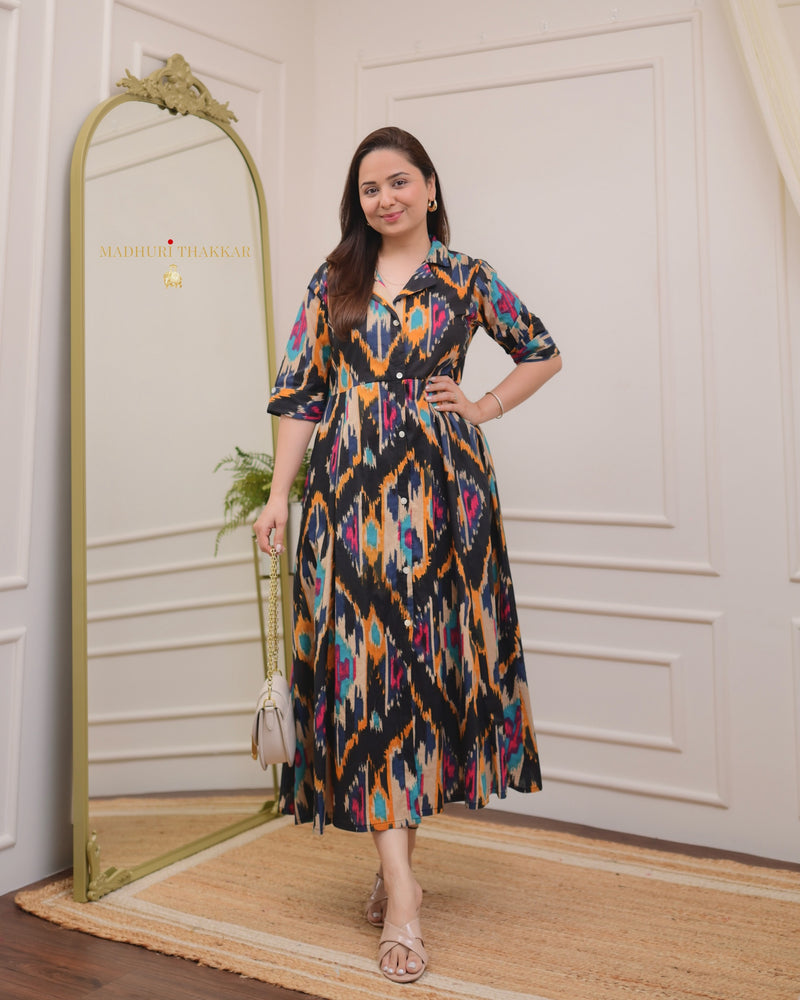 Black Multi Ikat Cotton A Line Dress