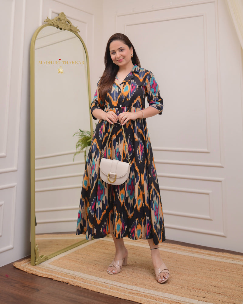 Black Multi Ikat Cotton A Line Dress