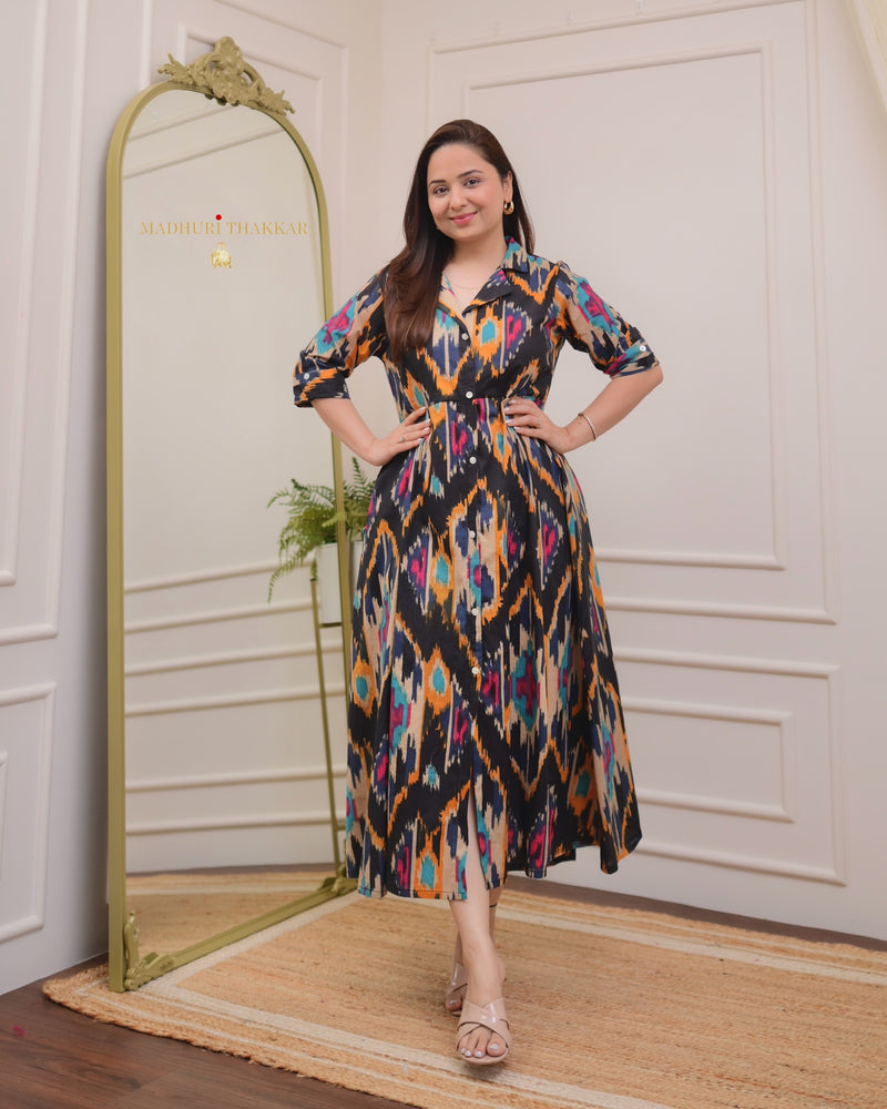 Black Multi Ikat Cotton A Line Dress