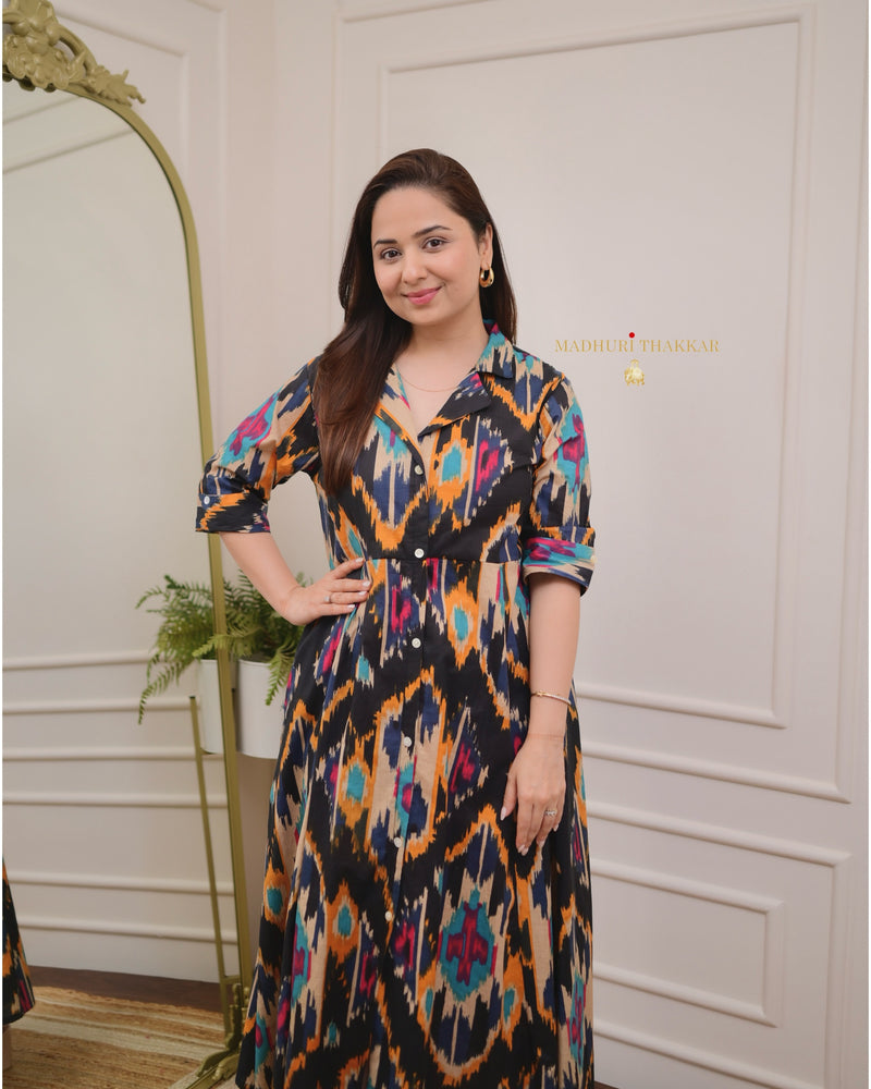 Black Multi Ikat Cotton A Line Dress