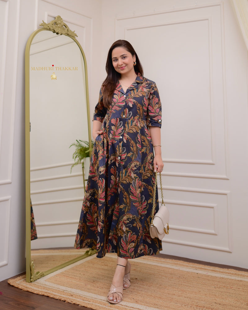 Black Maroon Paisley Cotton A Line Dress
