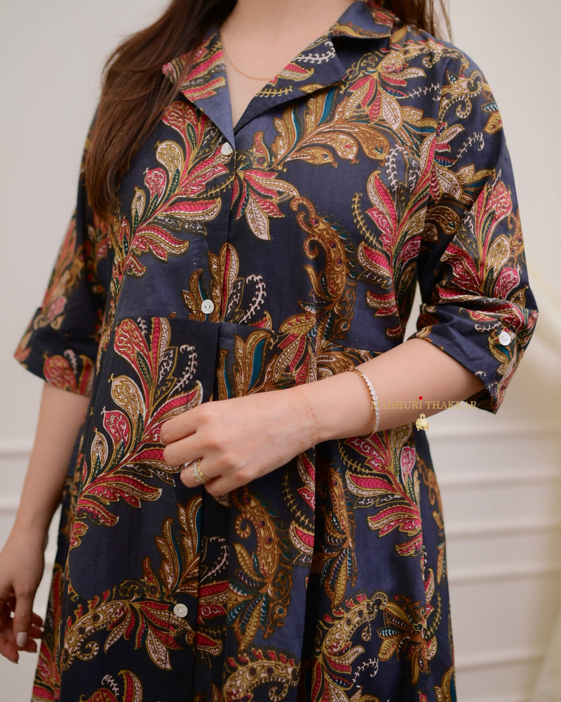 Black Maroon Paisley Cotton A Line Dress