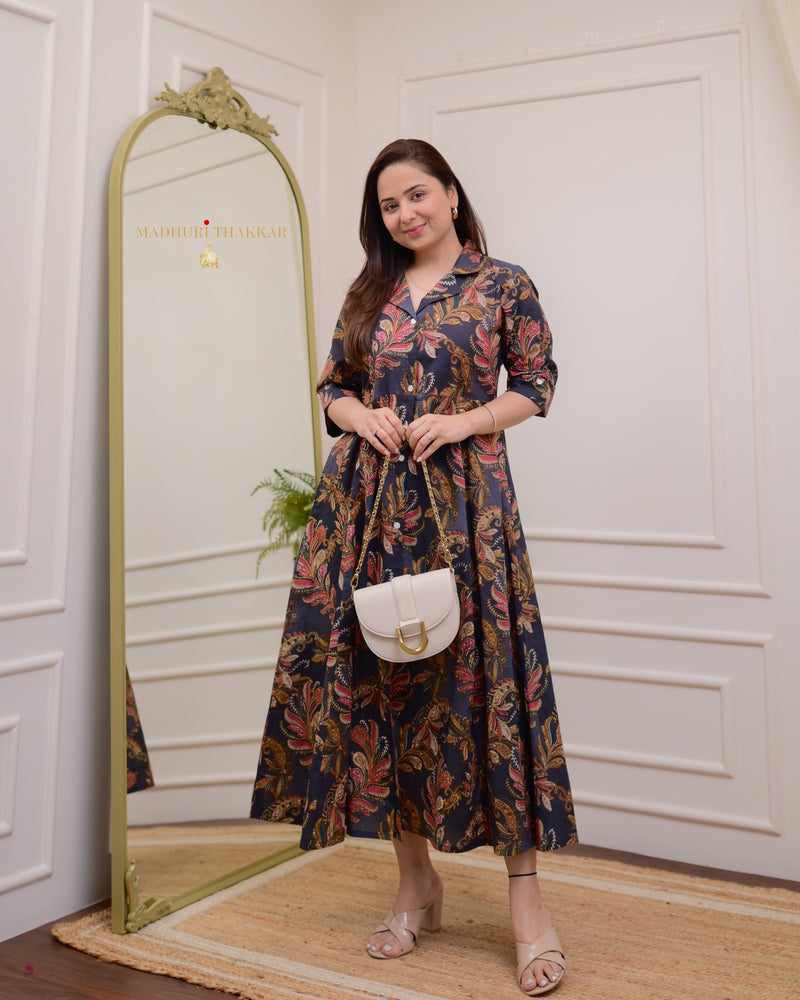 Black Maroon Paisley Cotton A Line Dress
