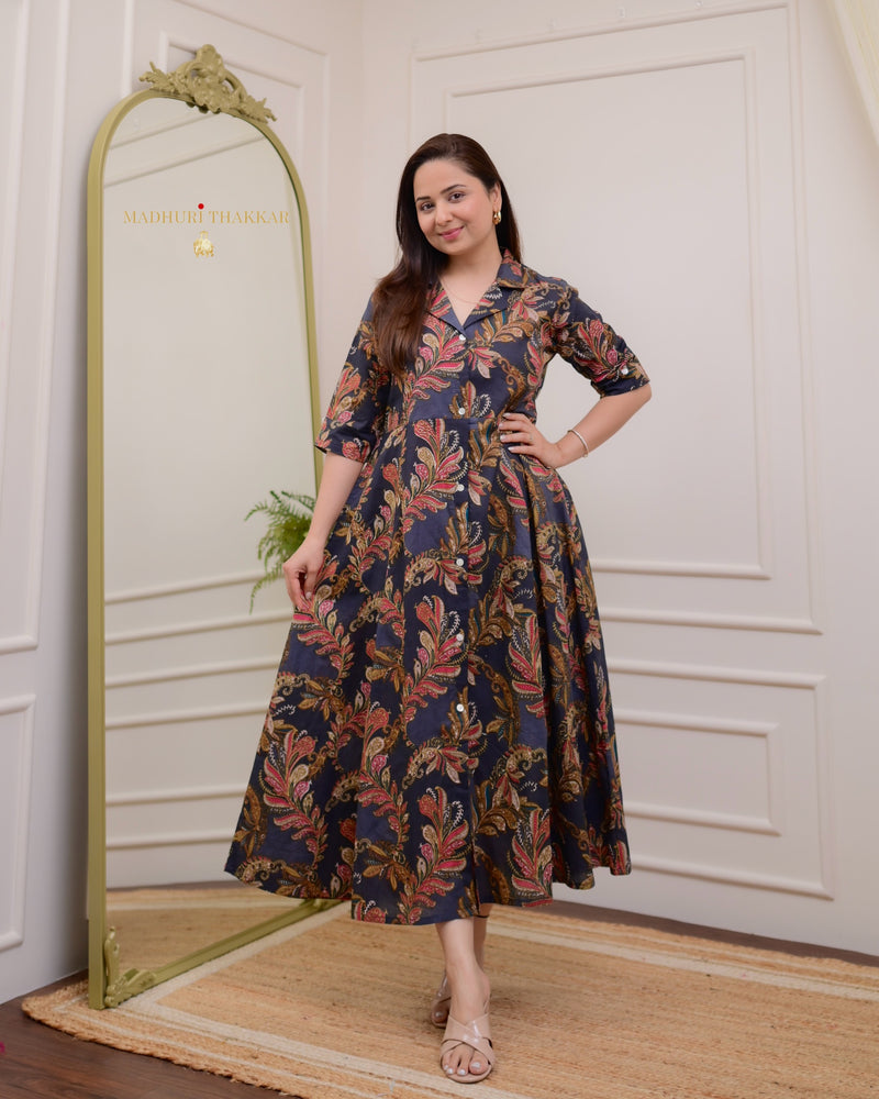 Black Maroon Paisley Cotton A Line Dress