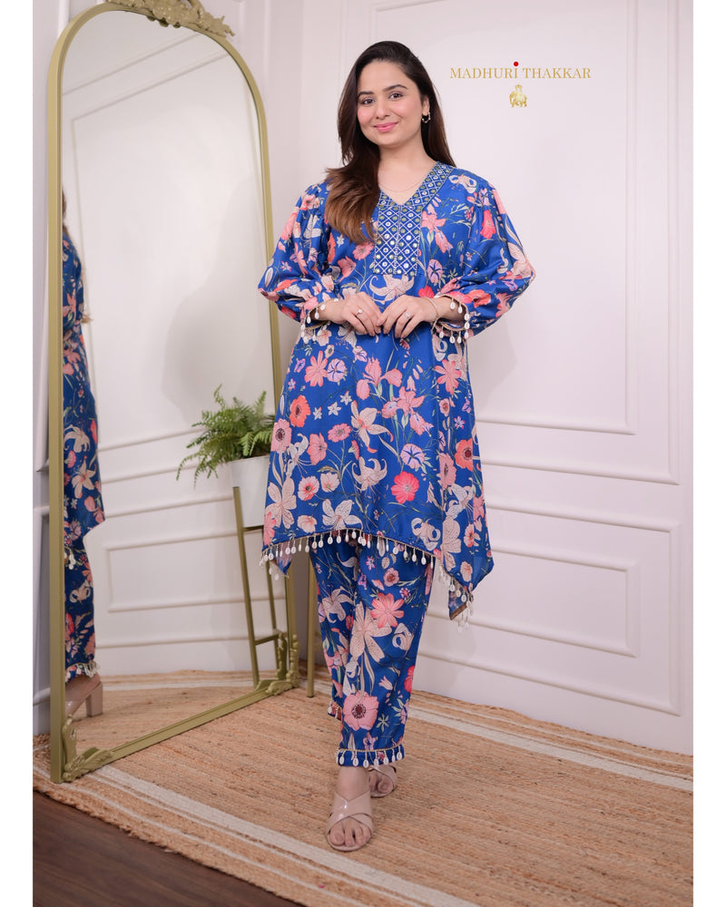 Royal Blue Floral Muslin Co-ord