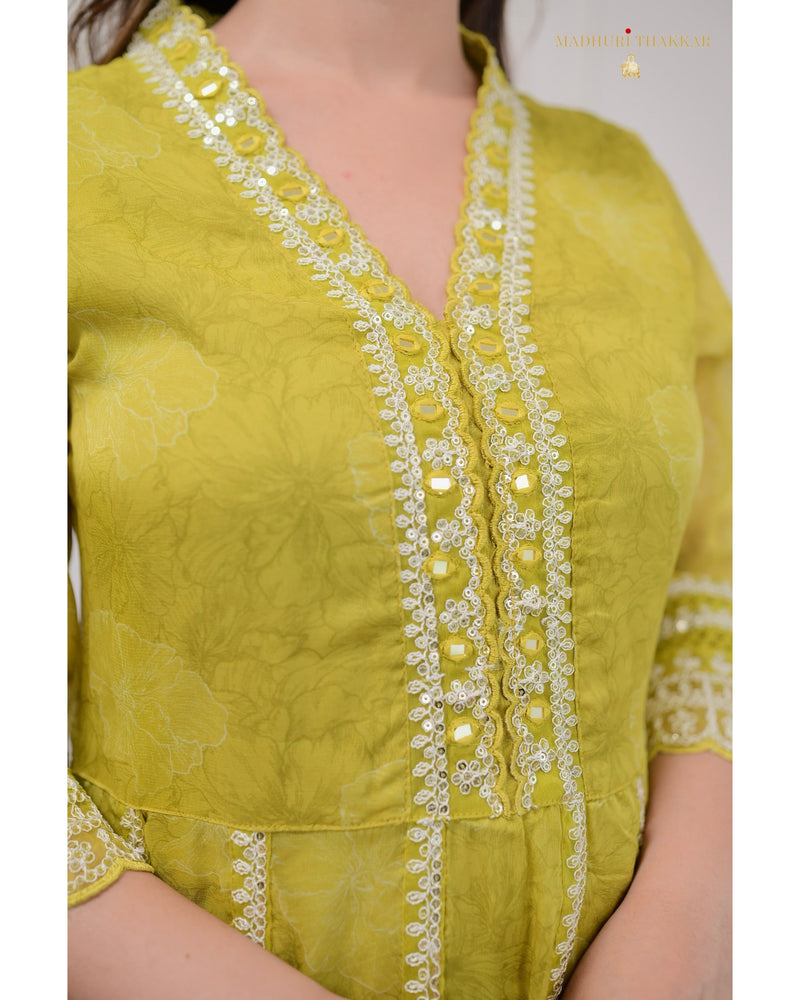 Greenish Yellow Handwork Organza Anarkali