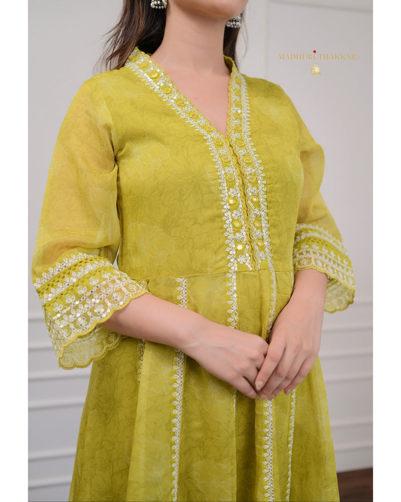 Greenish Yellow Handwork Organza Anarkali