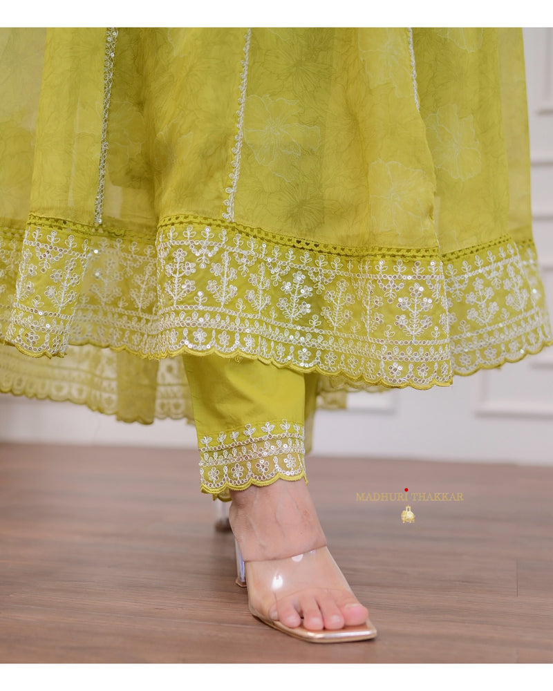 Greenish Yellow Handwork Organza Anarkali