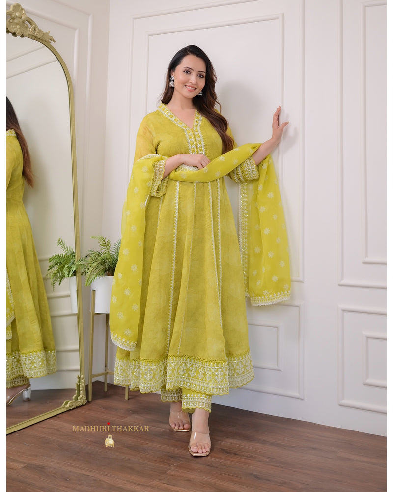 Greenish Yellow Handwork Organza Anarkali