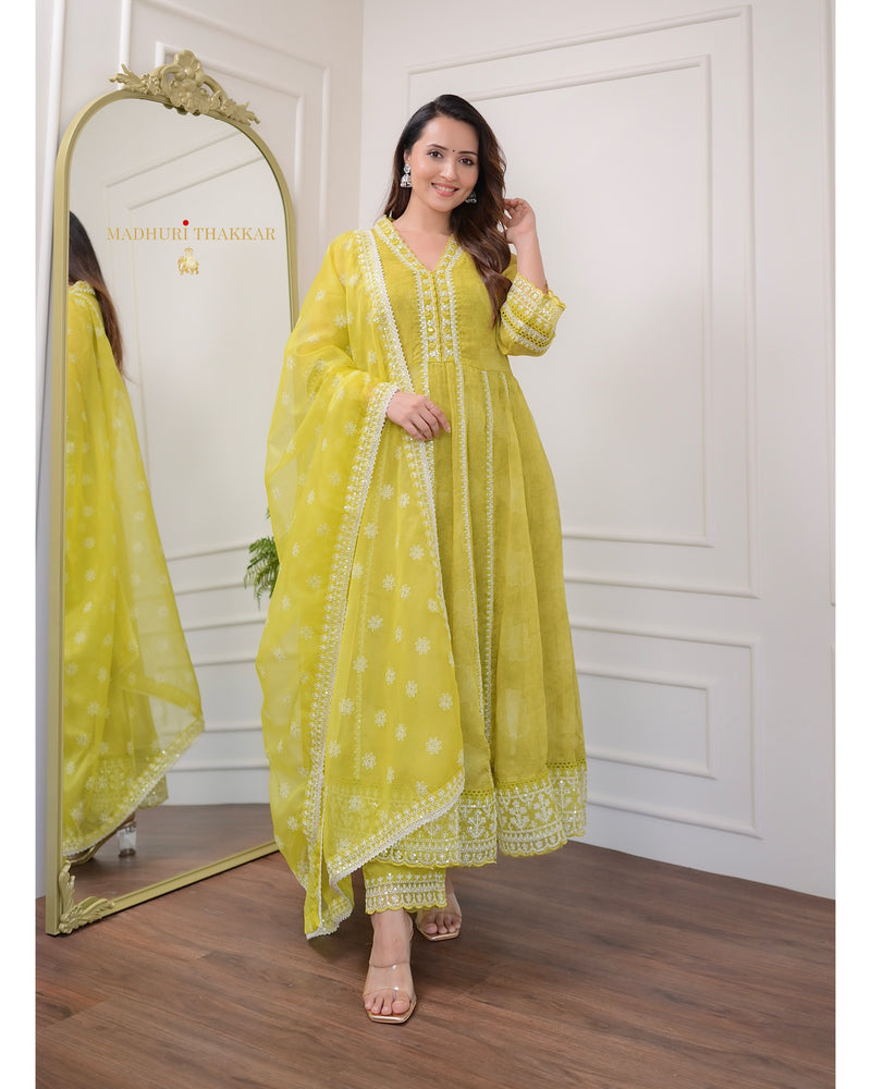 Greenish Yellow Handwork Organza Anarkali