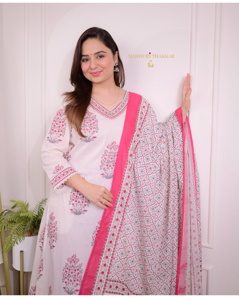 Ivory Red Floral Afghani Suit