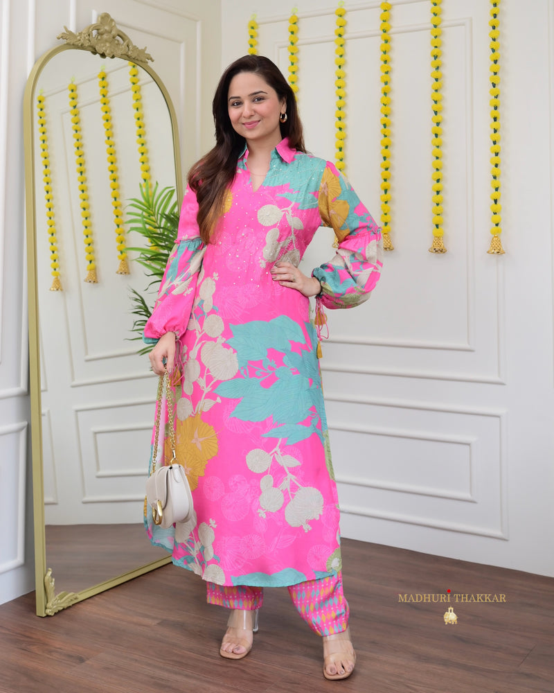 Pink Handwork Floral Muslin Co-ord