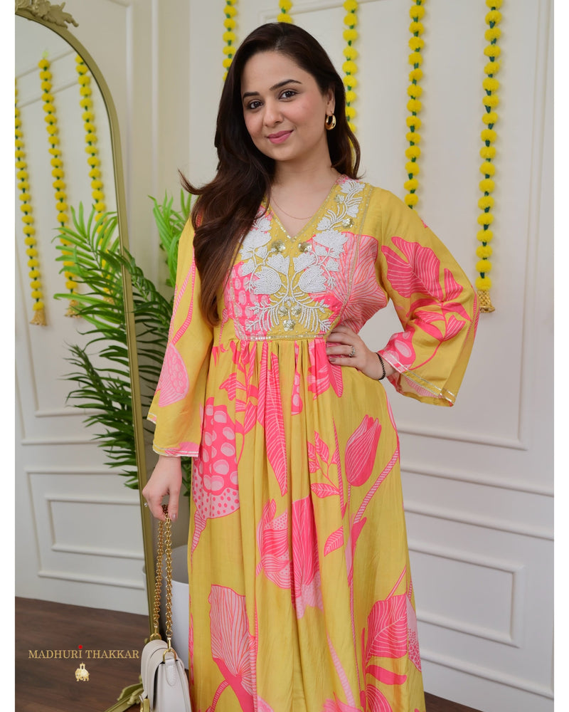 Yellow Pearl Work Floral Muslin Co-ord