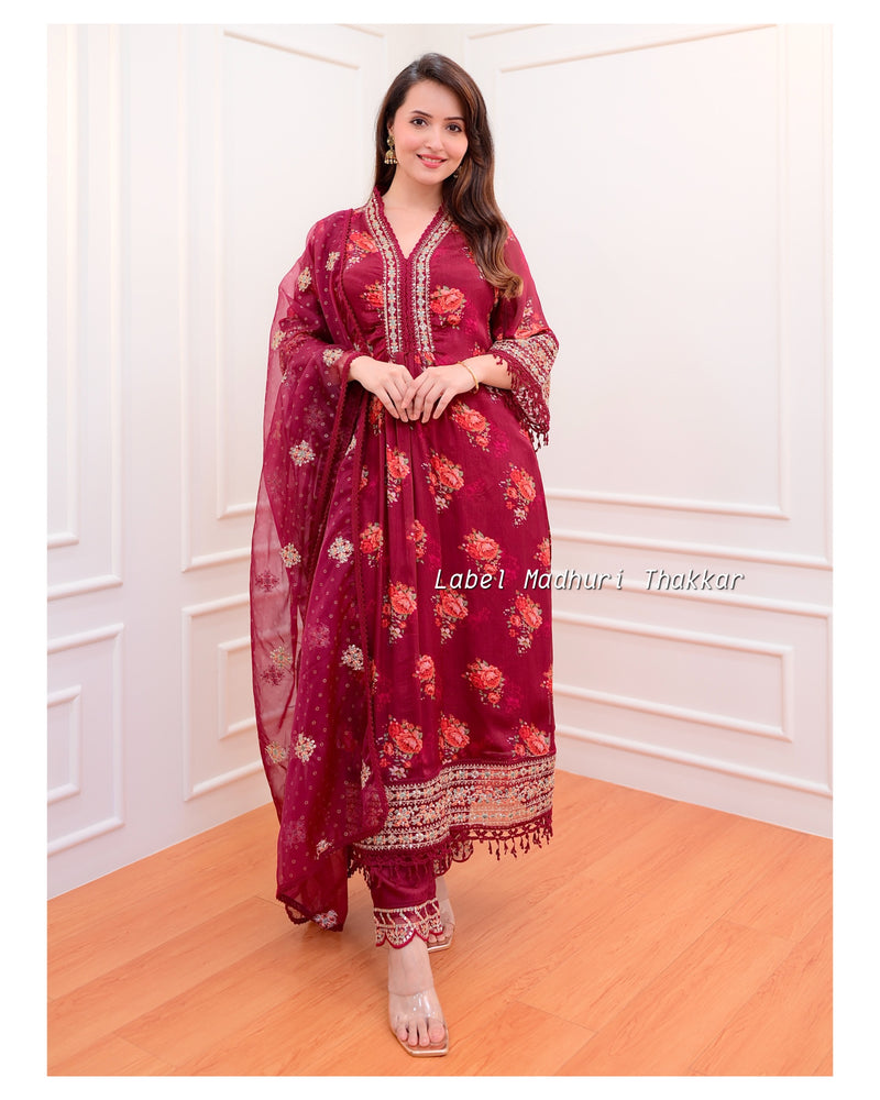 Maroon Floral Chinnon Festive Suit