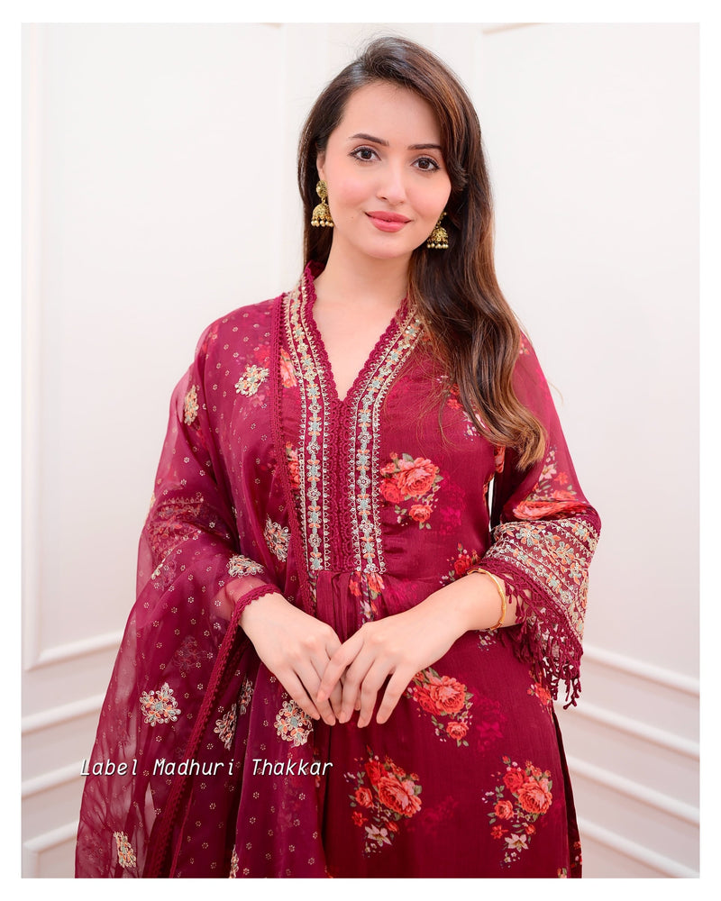 Maroon Floral Chinnon Festive Suit