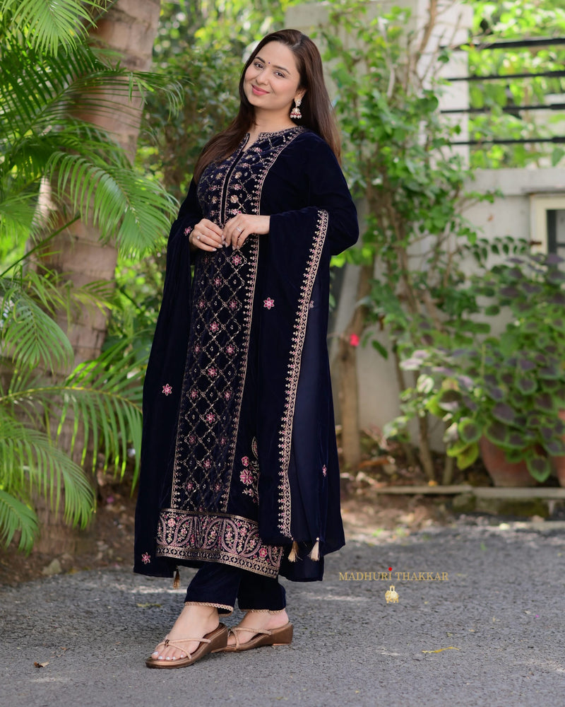 Navy Blue Handwork Premium Velvet Suit
