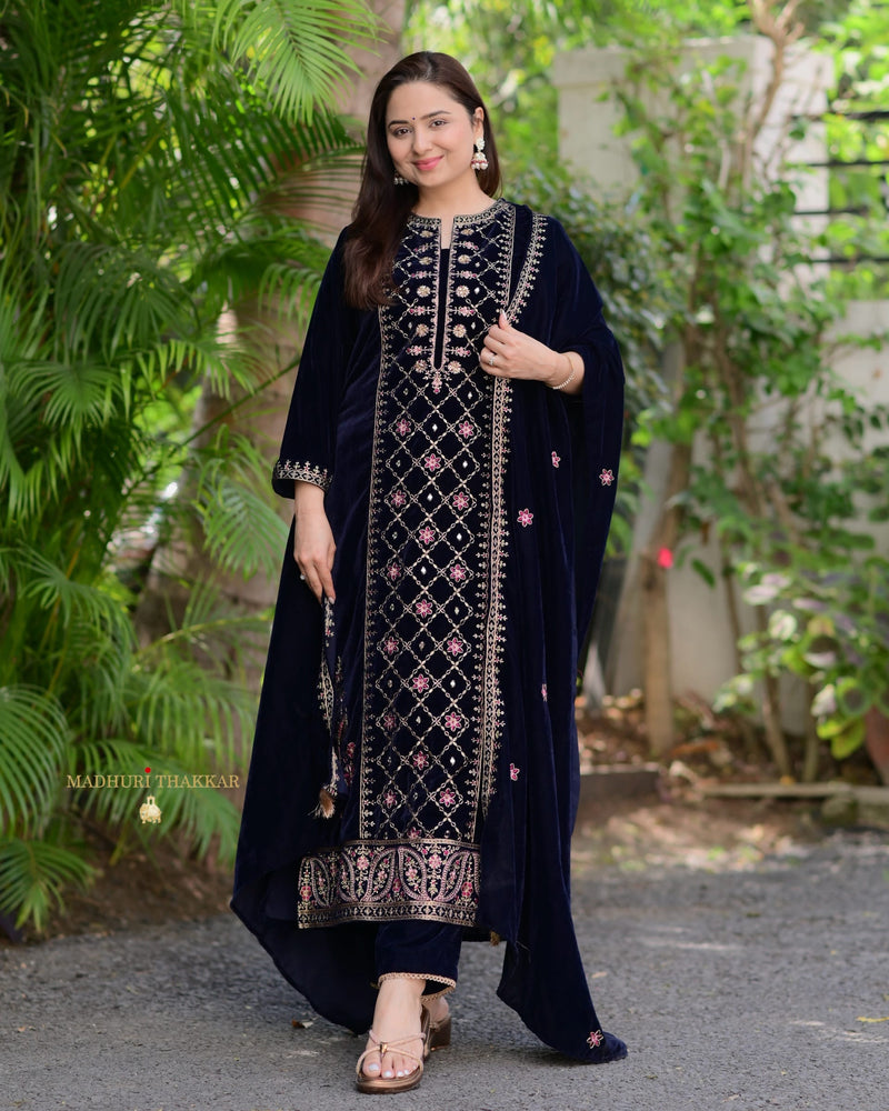 Navy Blue Handwork Premium Velvet Suit