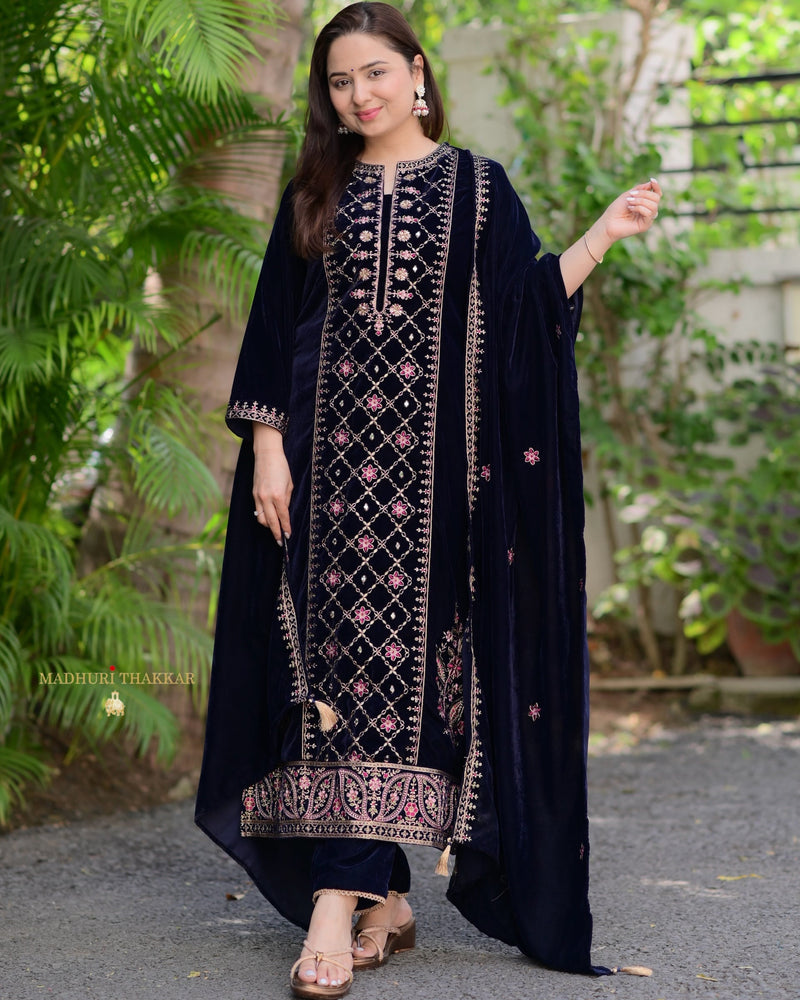 Navy Blue Handwork Premium Velvet Suit