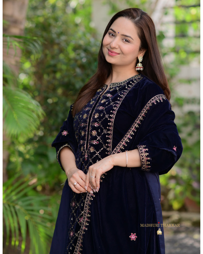 Navy Blue Handwork Premium Velvet Suit