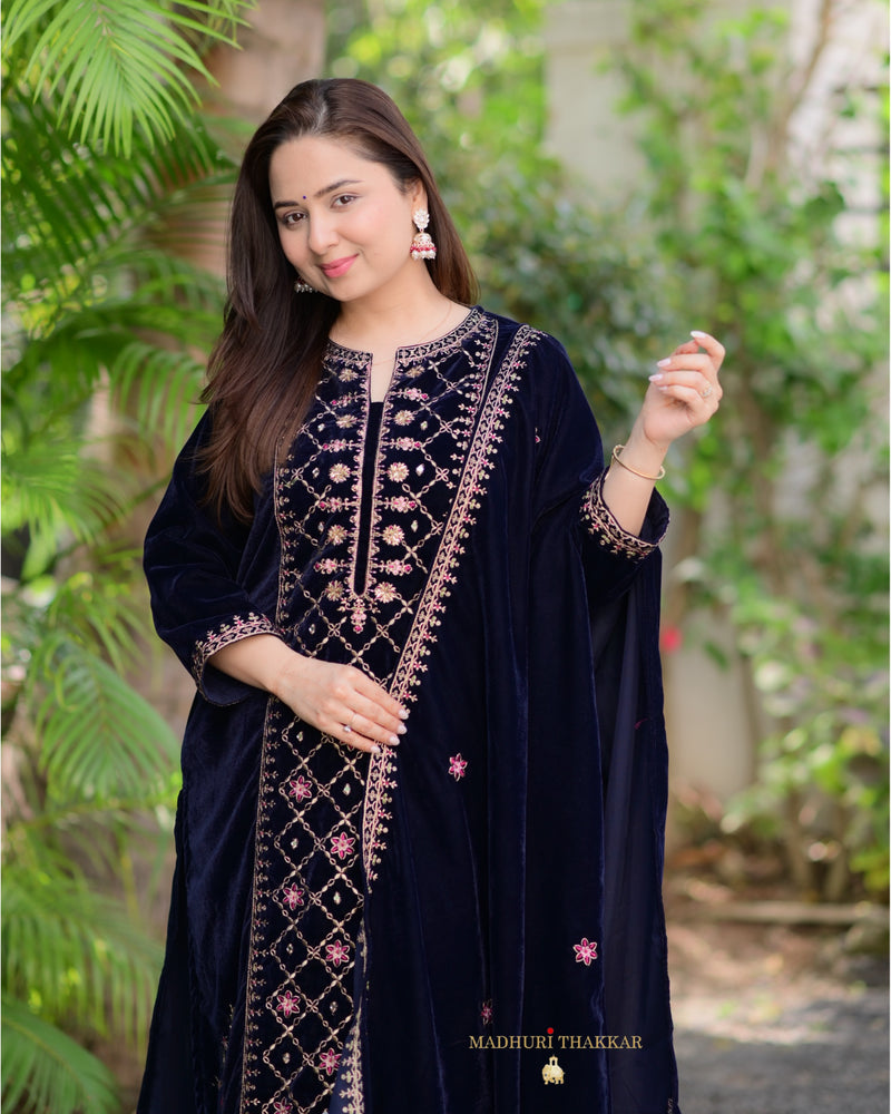 Navy Blue Handwork Premium Velvet Suit