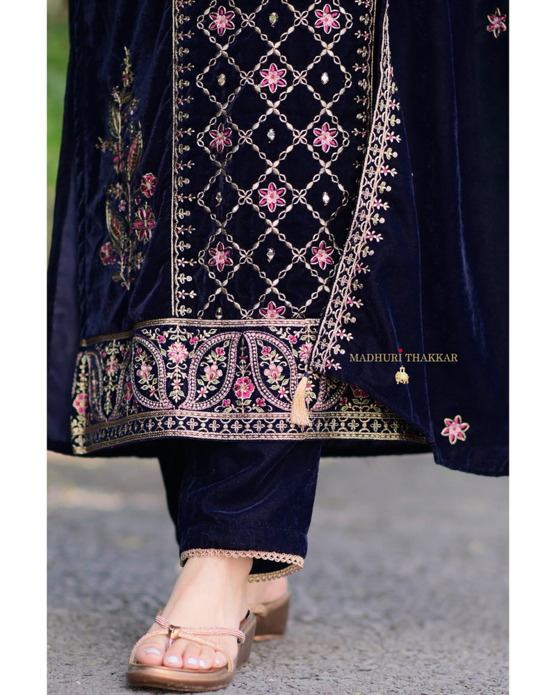 Navy Blue Handwork Premium Velvet Suit