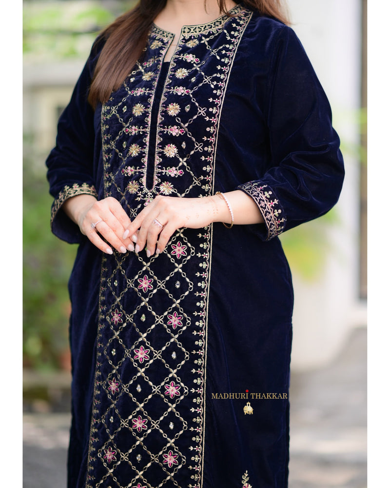 Navy Blue Handwork Premium Velvet Suit