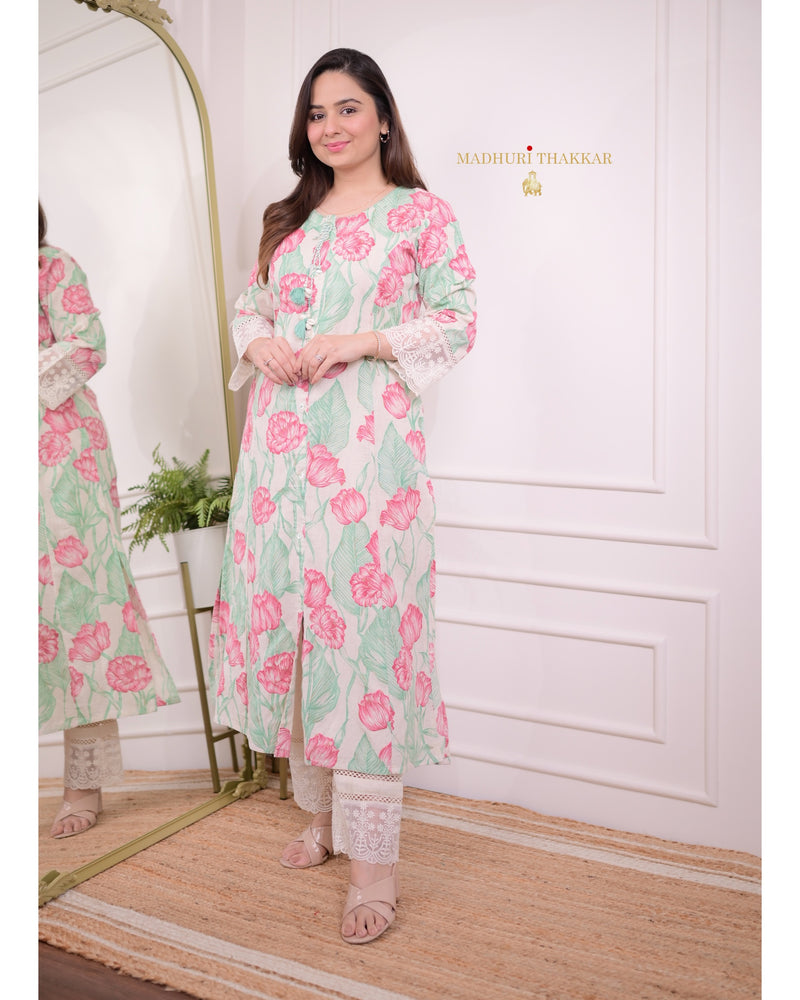 Pink Green A Line Cotton Kurta Set