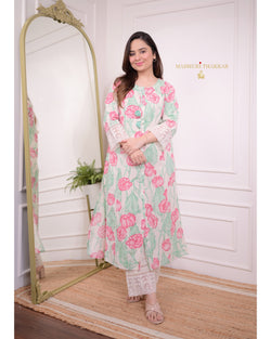 Pink Green A Line Cotton Kurta Set