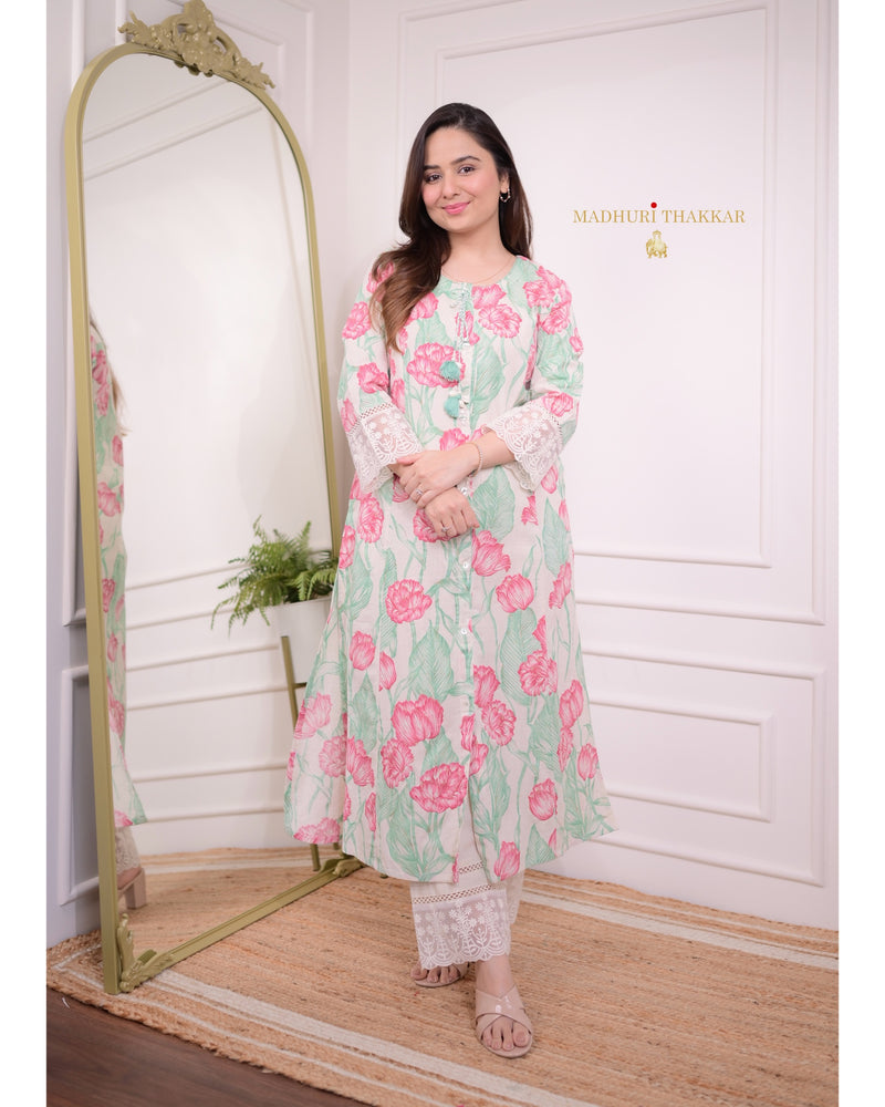 Pink Green A Line Cotton Kurta Set