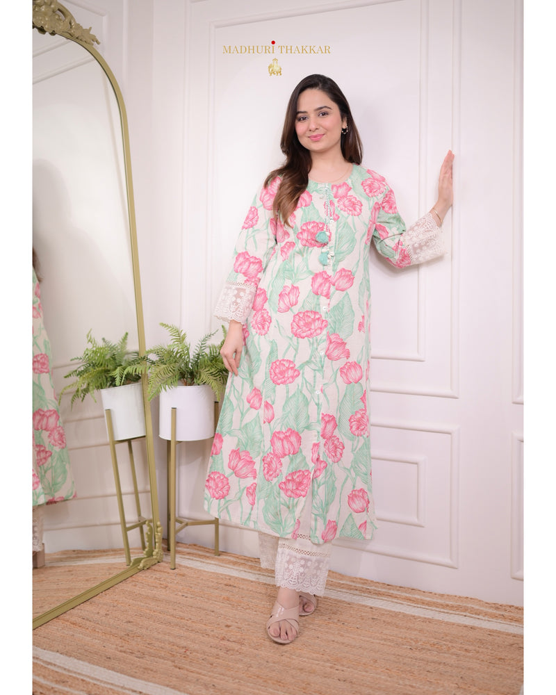 Pink Green A Line Cotton Kurta Set