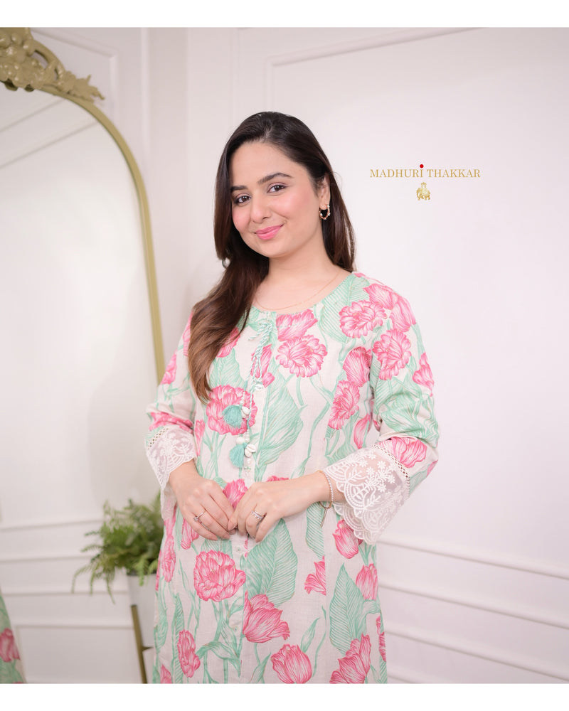 Pink Green A Line Cotton Kurta Set