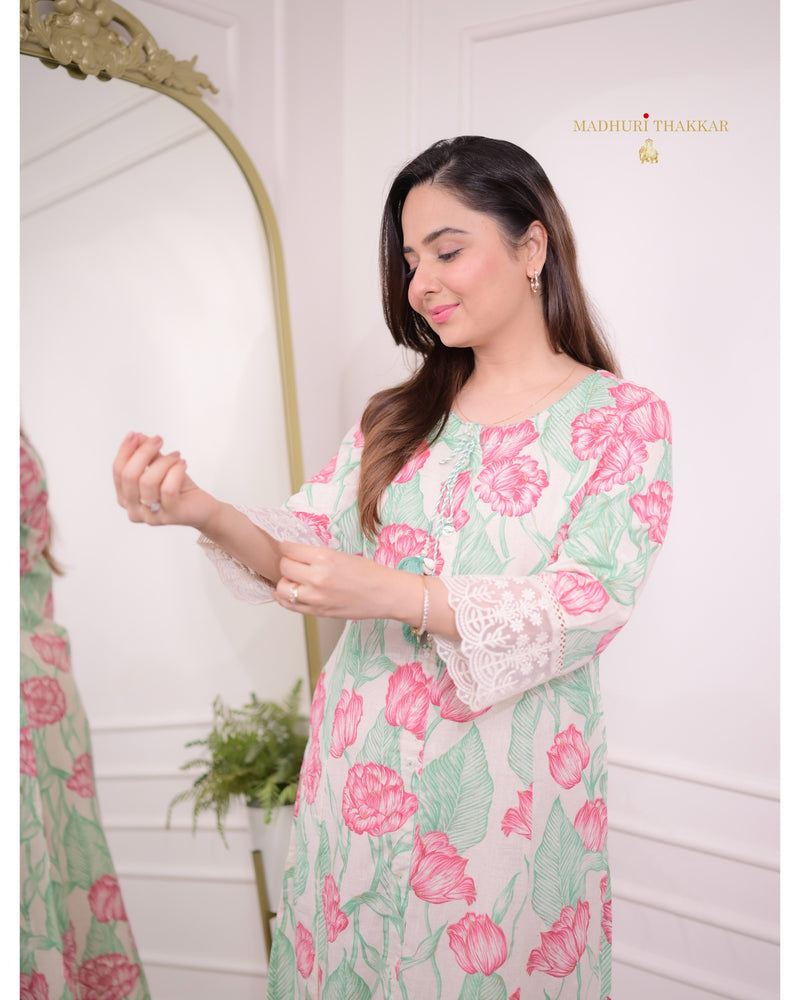 Pink Green A Line Cotton Kurta Set